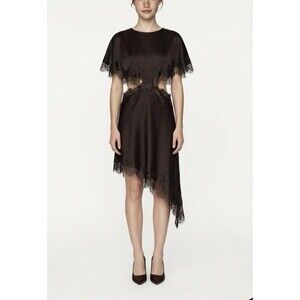 NWT Zara ZW Collection Lace Cut-Out Dress Dark Brown Satin Midi Large 5919/213